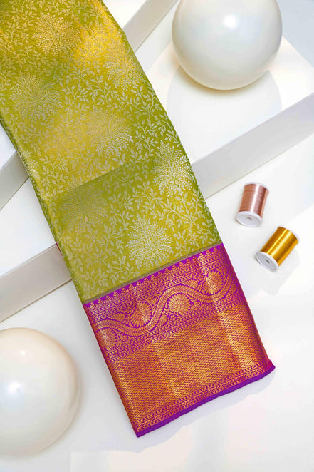 Tree of Life & Wavy Floral Vine Lime-Green Pure Tissue Silk Saree