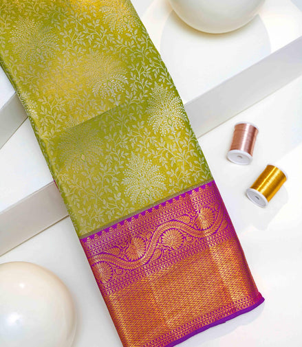 Tree of Life & Wavy Floral Vine Lime-Green Pure Tissue Silk Saree