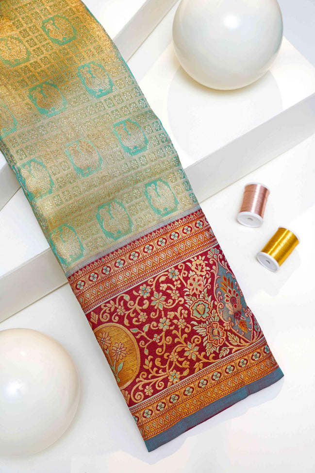 Geometric Grid Annapakshi & Meenakari Floral Border Pure Tissue Silk Saree