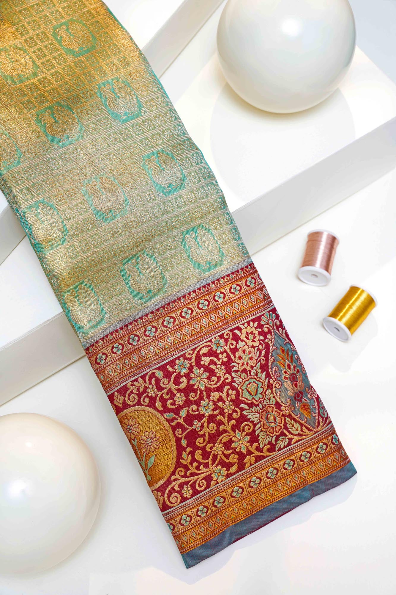 Geometric Grid Annapakshi & Meenakari Floral Border Pure Tissue Silk Saree