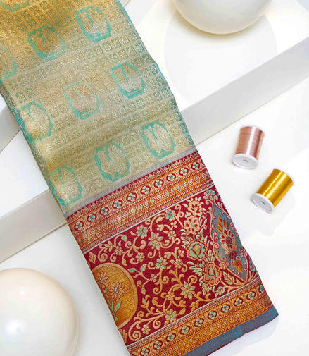 Geometric Grid Annapakshi & Meenakari Floral Border Pure Tissue Silk Saree