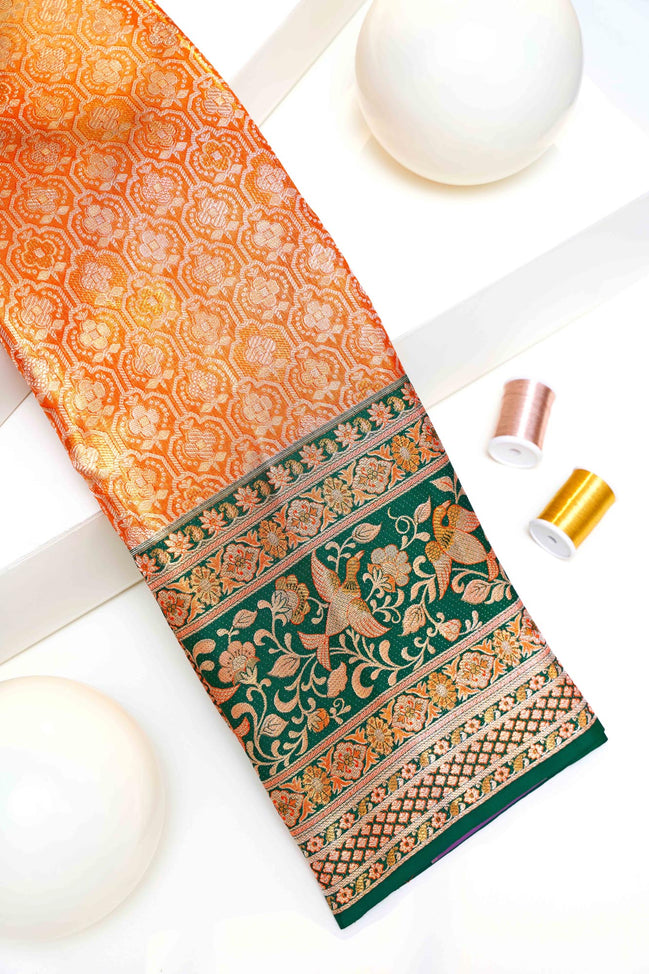 Geometric Trellis & Meenakari Flying Birds Bottle-Green Border Pure Tissue Silk Saree