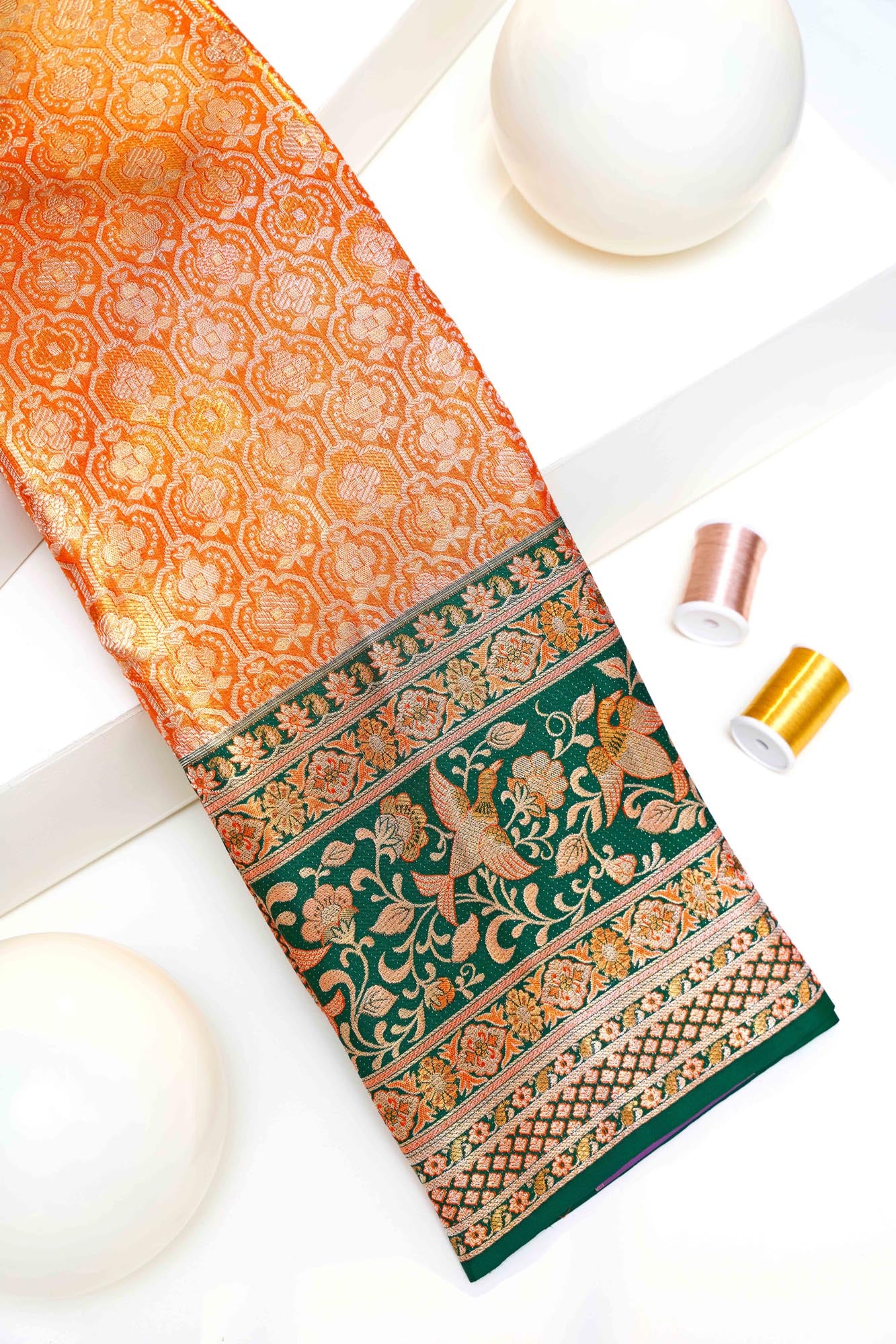 Geometric Trellis & Meenakari Flying Birds Bottle-Green Border Pure Tissue Silk Saree