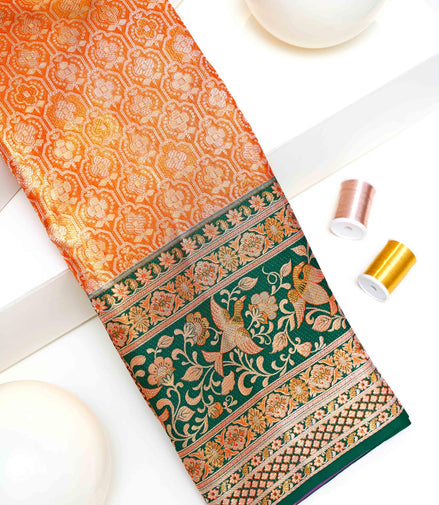 Geometric Trellis & Meenakari Flying Birds Bottle-Green Border Pure Tissue Silk Saree