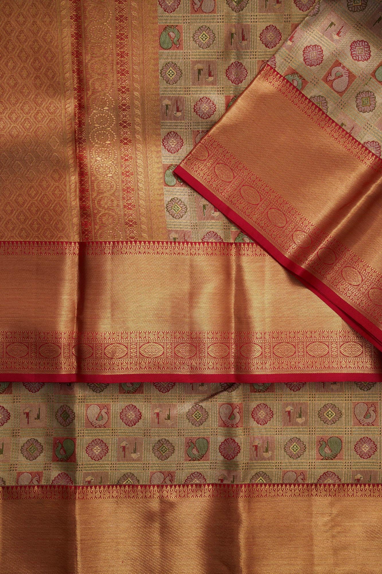 Geometric Grid & Meenakari Peacock Pure Tissue Silk Saree