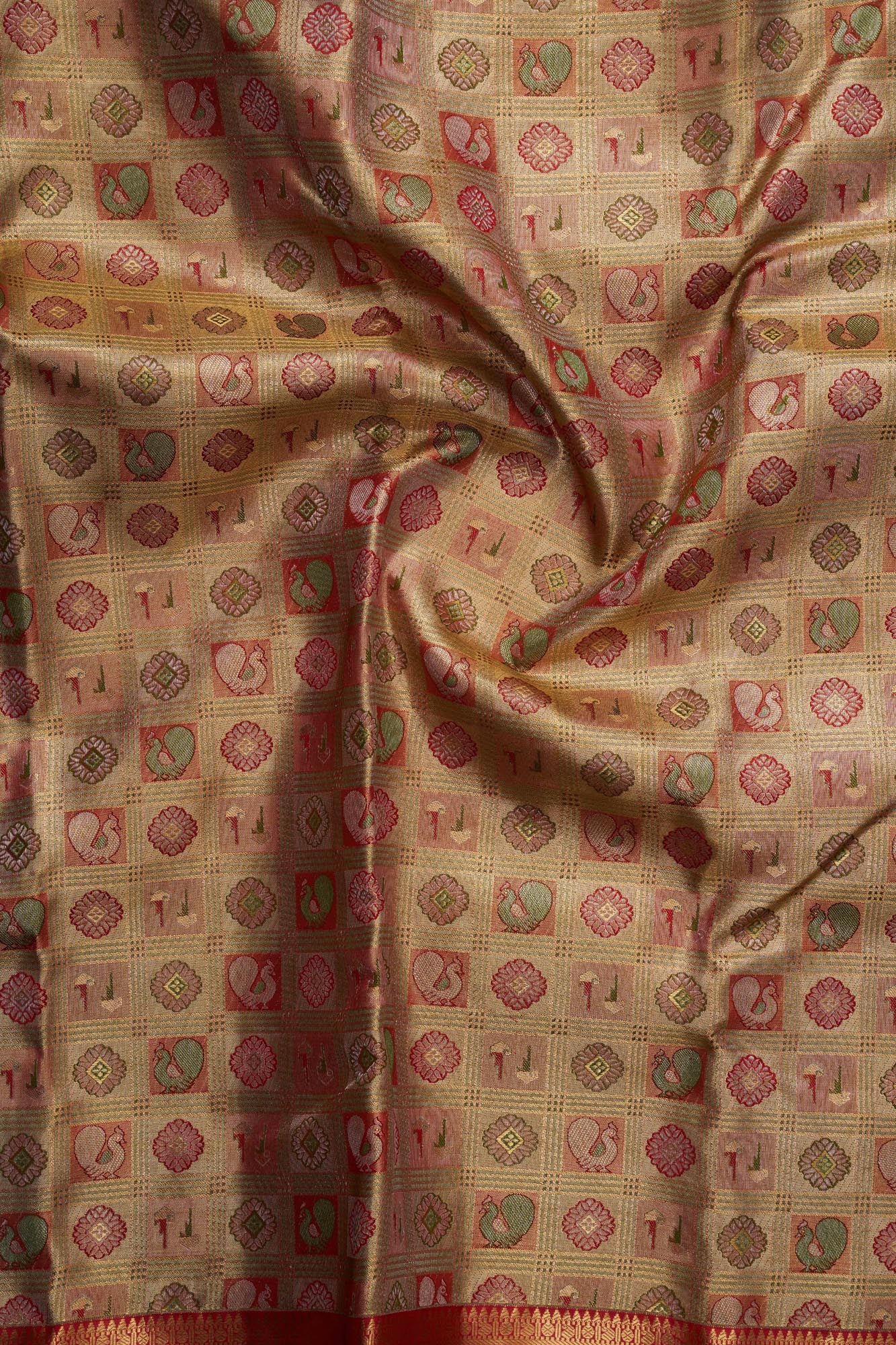 Geometric Grid & Meenakari Peacock Pure Tissue Silk Saree