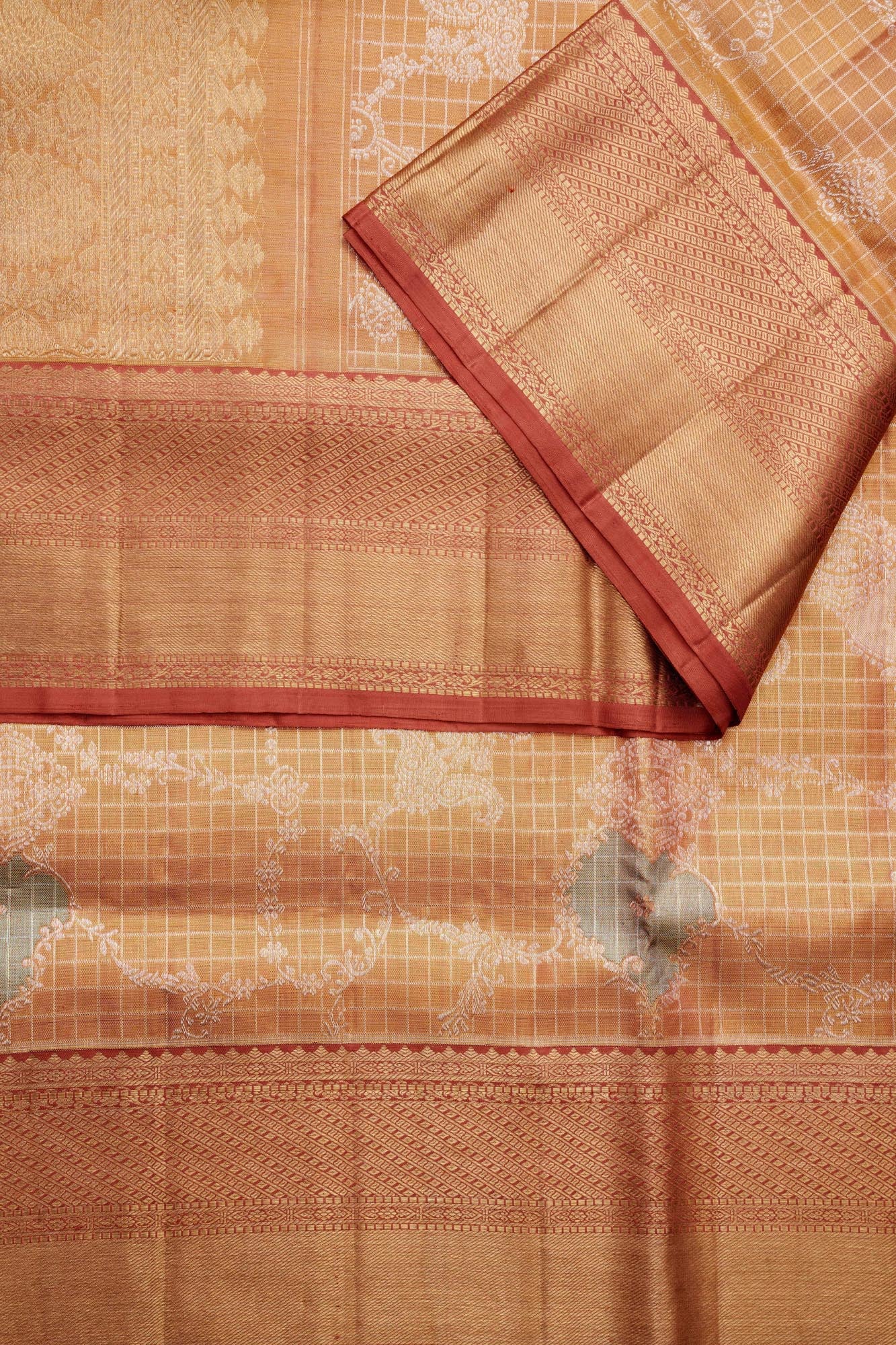 Windowpane Grid Floral-Paisley Jaal & Contrast Coral-Rose Border Pure Tissue Silk Saree