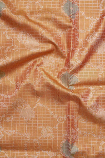 Windowpane Grid Floral-Paisley Jaal & Contrast Coral-Rose Border Pure Tissue Silk Saree
