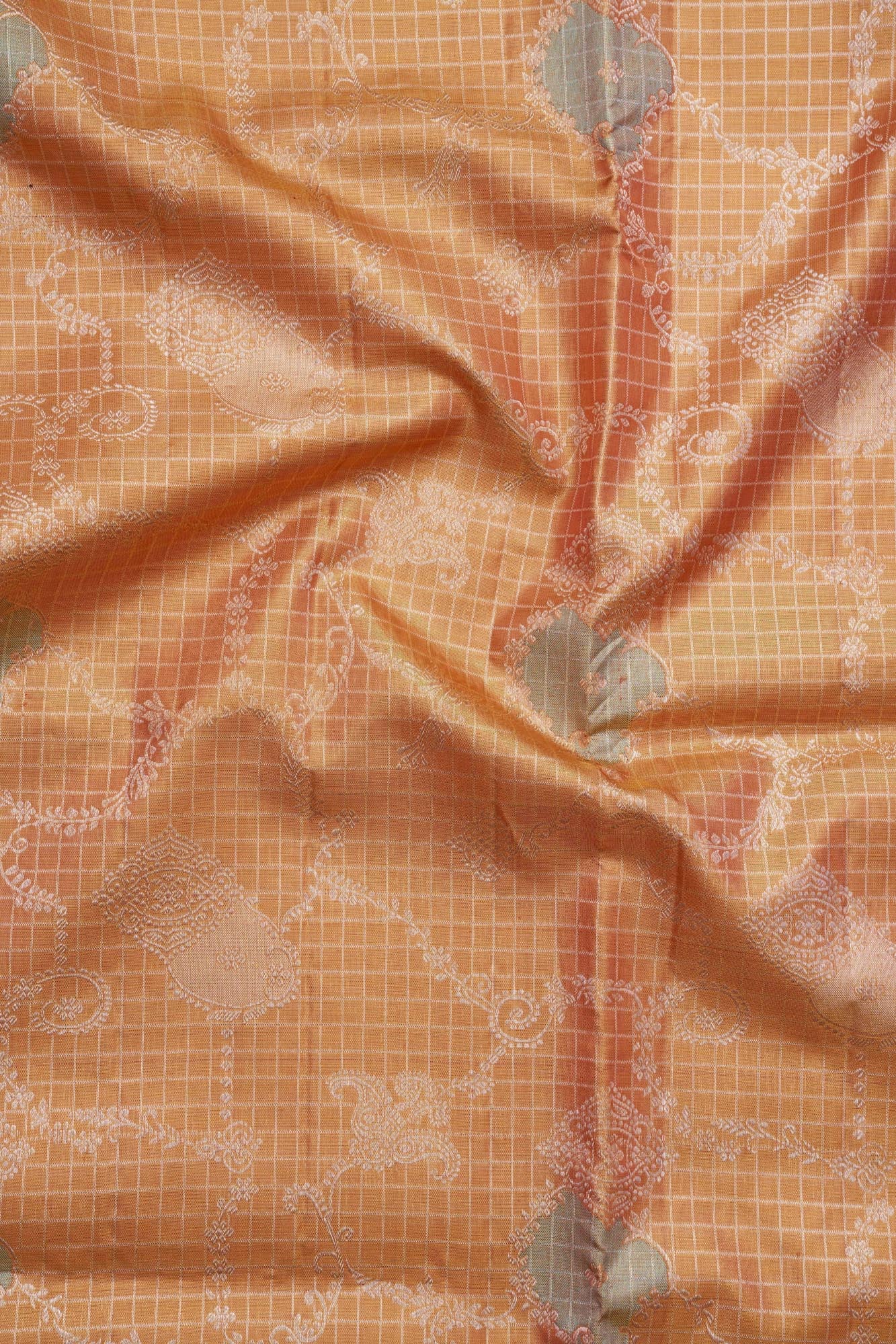 Windowpane Grid Floral-Paisley Jaal & Contrast Coral-Rose Border Pure Tissue Silk Saree