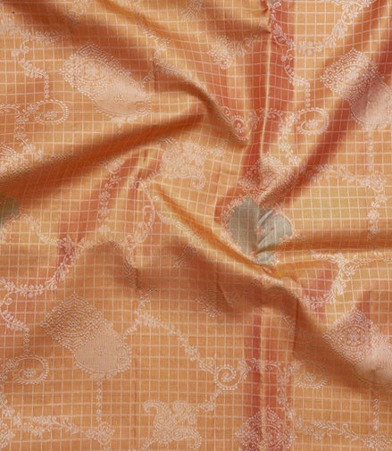 Windowpane Grid Floral-Paisley Jaal & Contrast Coral-Rose Border Pure Tissue Silk Saree