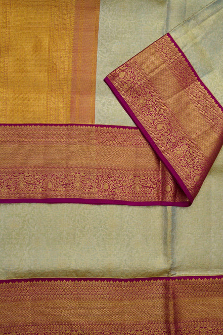 Botanical Floral Jaal & Contrast Magenta Border Pure Tissue Silk Saree with Silver Touch (Revalue)