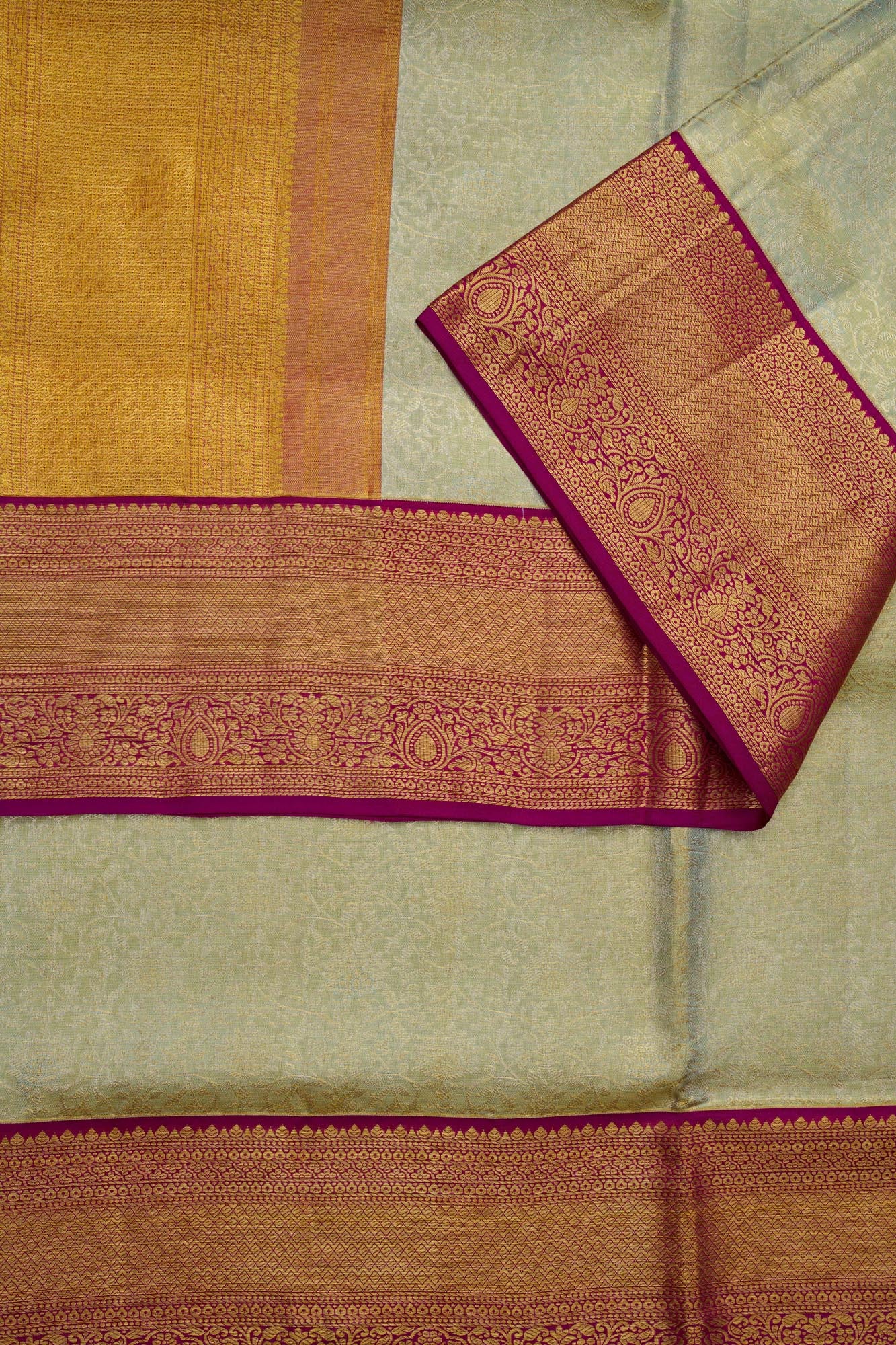 Botanical Floral Jaal & Contrast Magenta Border Pure Tissue Silk Saree with Silver Touch (Revalue)