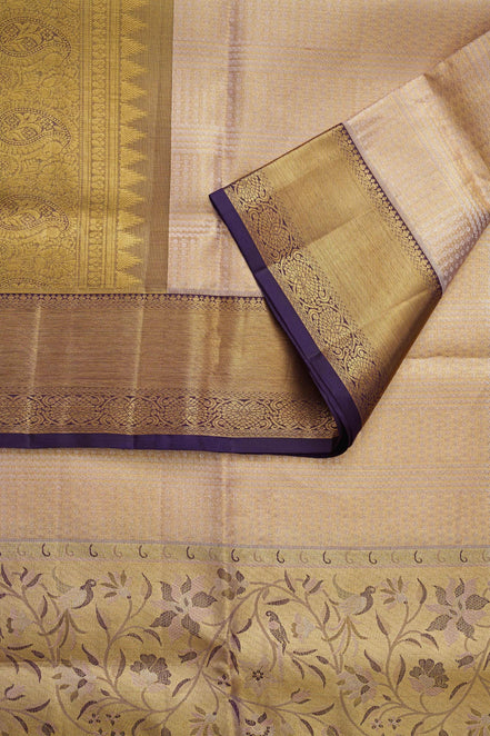 Perching Bird & Floral Skirt Border Pure Tissue Silk Saree