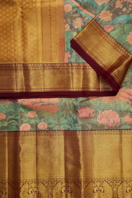 Peacock in Lotus Garden Kalamkari Pure Tissue Silk Saree