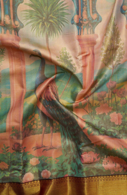 Peacock in Lotus Garden Kalamkari Pure Tissue Silk Saree