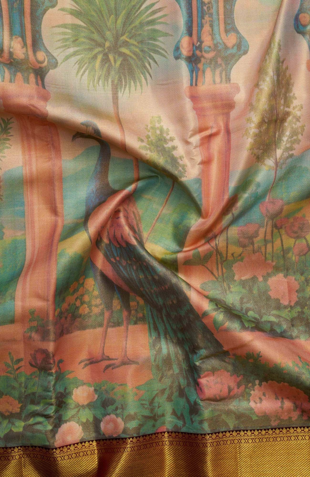 Peacock in Lotus Garden Kalamkari Pure Tissue Silk Saree