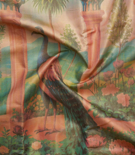 Peacock in Lotus Garden Kalamkari Pure Tissue Silk Saree