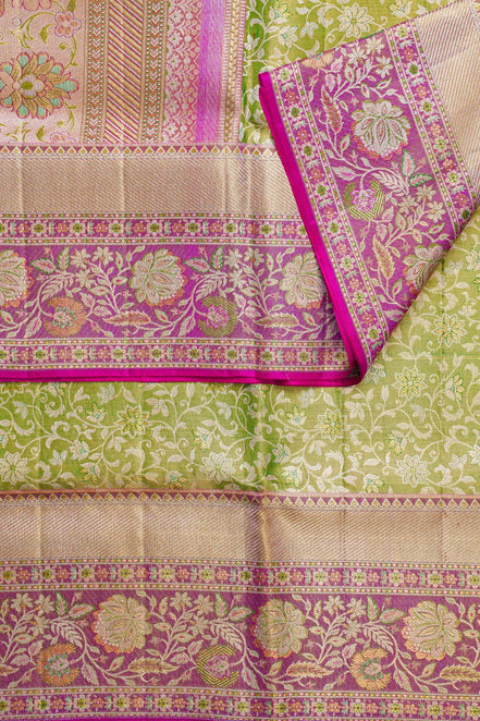 All-Over Botanical Floral Jaal & Meenakari Contrast Magenta Border Pure Tissue Silk Saree with Silver Touch (Revalue)
