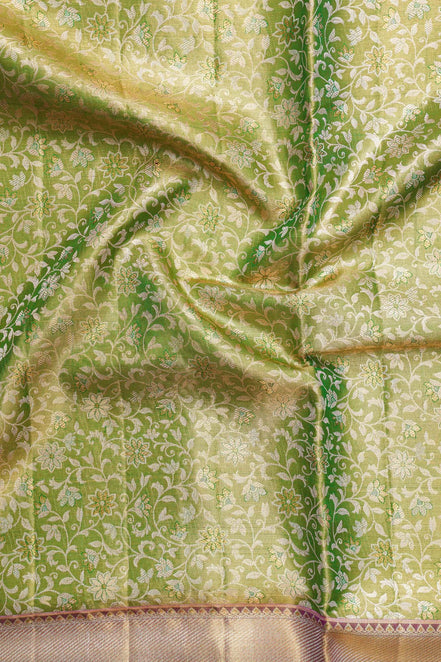All-Over Botanical Floral Jaal & Meenakari Contrast Magenta Border Pure Tissue Silk Saree with Silver Touch (Revalue)