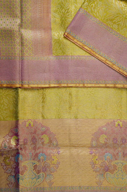 All-Over Leafy Botanical Jaal & Meenakari Floral Urn Motif Pure Tissue Silk Saree