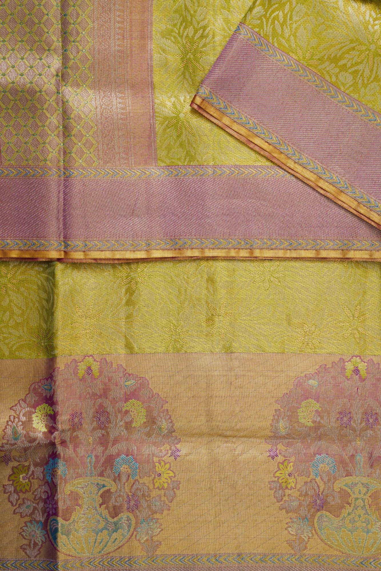 All-Over Leafy Botanical Jaal & Meenakari Floral Urn Motif Pure Tissue Silk Saree