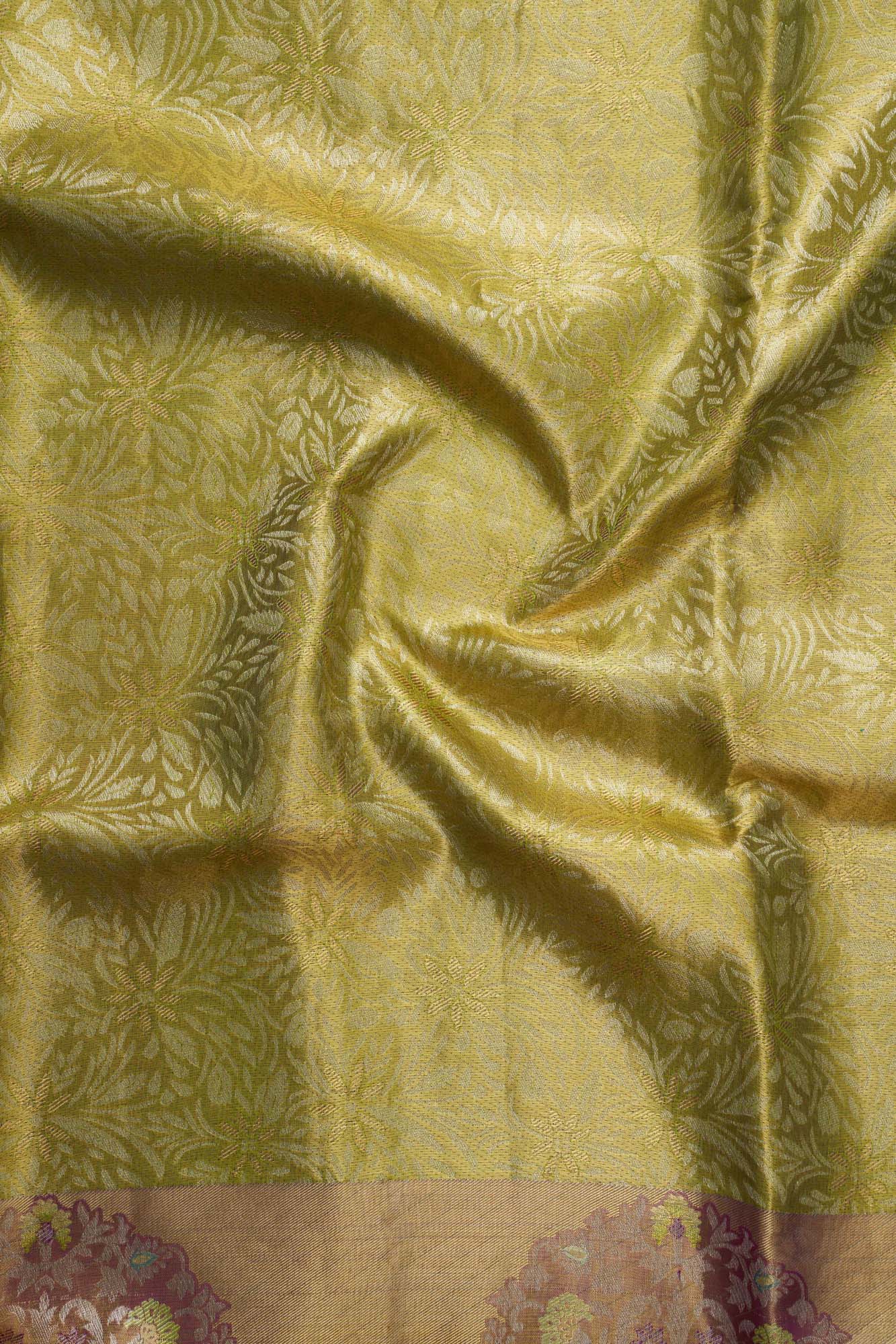 All-Over Leafy Botanical Jaal & Meenakari Floral Urn Motif Pure Tissue Silk Saree