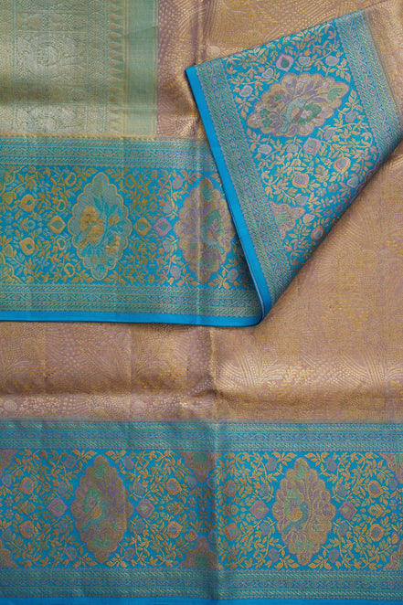 Botanical Feather Jaal & Meenakari Peacock Medallion Cyan-Blue Border Pure Tissue Silk Saree