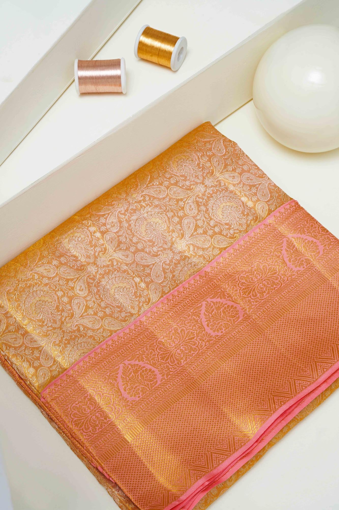 Paisley-Chakra Jaal & Floral Leaf Medallion Border Pure Tissue Silk Saree with Silver Touch