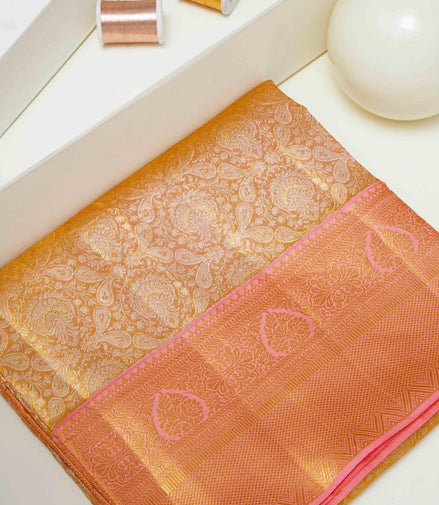 Paisley-Chakra Jaal & Floral Leaf Medallion Border Pure Tissue Silk Saree with Silver Touch