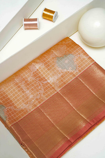 Windowpane Grid Floral-Paisley Jaal & Contrast Coral-Rose Border Pure Tissue Silk Saree