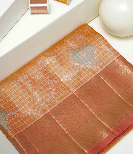 Windowpane Grid Floral-Paisley Jaal & Contrast Coral-Rose Border Pure Tissue Silk Saree