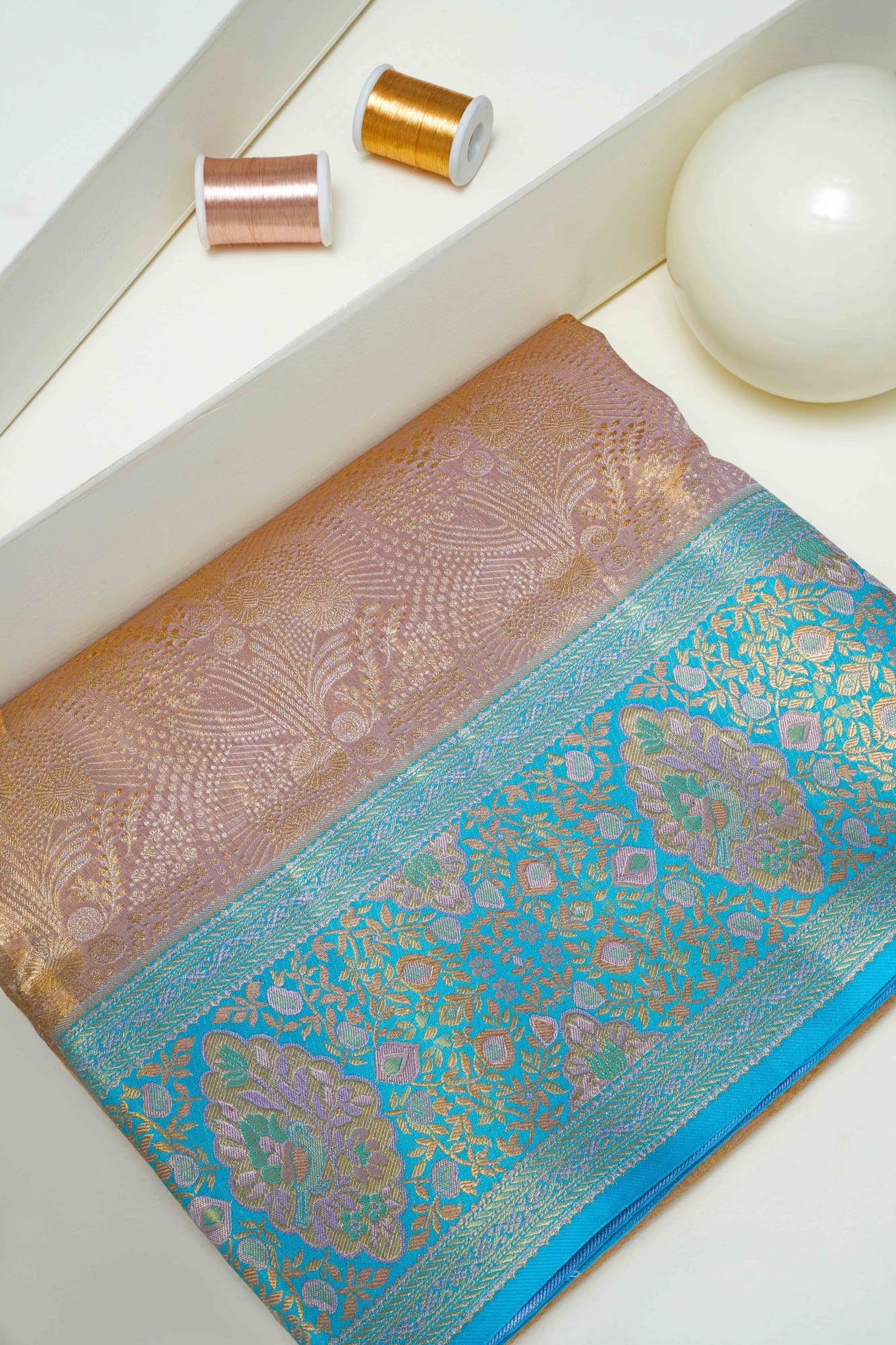 Botanical Feather Jaal & Meenakari Peacock Medallion Cyan-Blue Border Pure Tissue Silk Saree