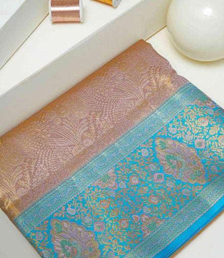 Botanical Feather Jaal & Meenakari Peacock Medallion Cyan-Blue Border Pure Tissue Silk Saree