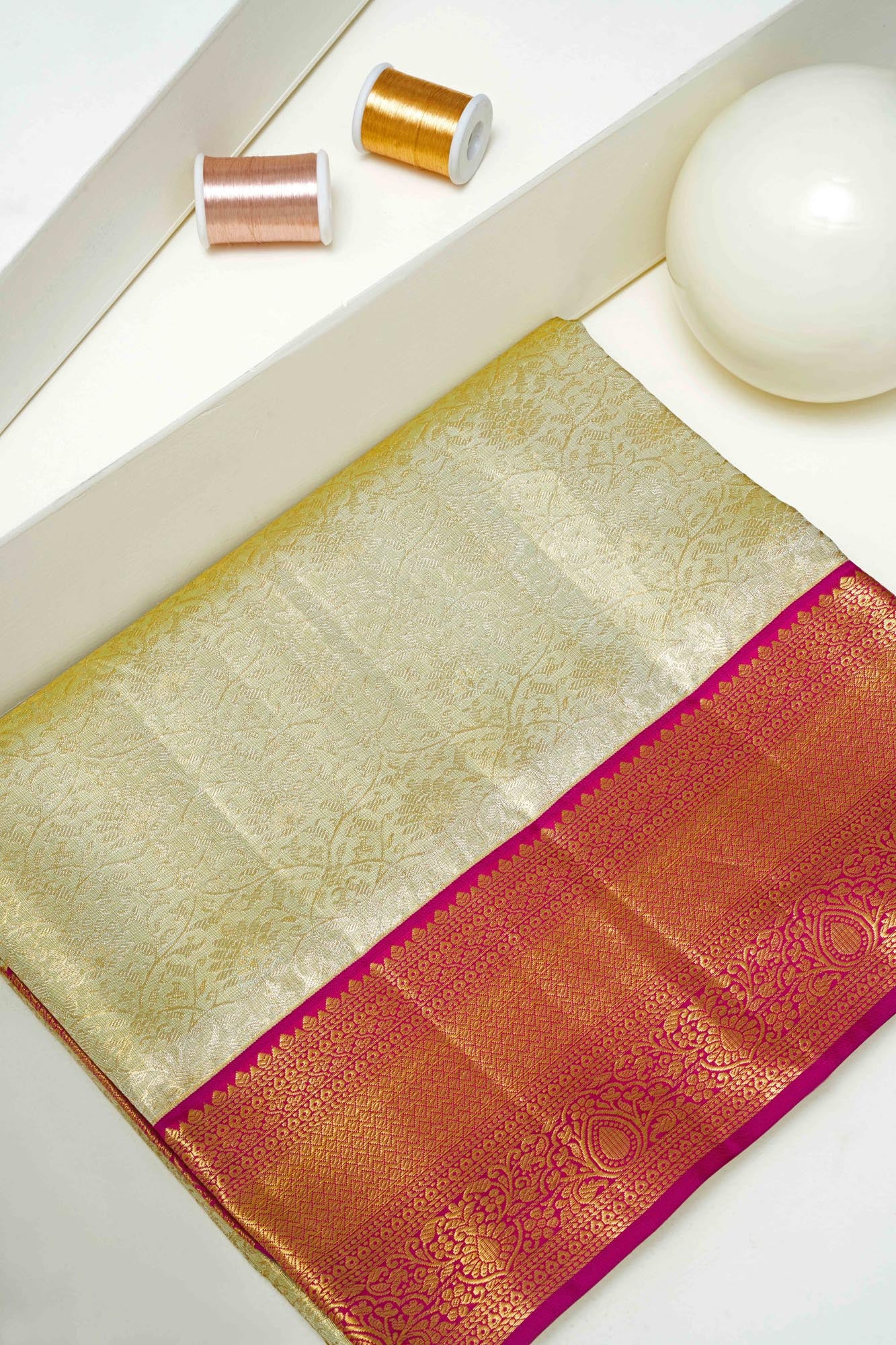 Botanical Floral Jaal & Contrast Magenta Border Pure Tissue Silk Saree with Silver Touch (Revalue)