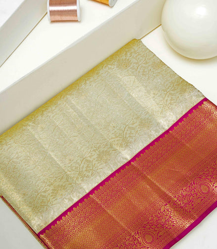 Botanical Floral Jaal & Contrast Magenta Border Pure Tissue Silk Saree with Silver Touch (Revalue)