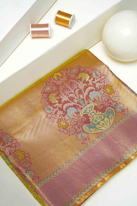 All-Over Leafy Botanical Jaal & Meenakari Floral Urn Motif Pure Tissue Silk Saree