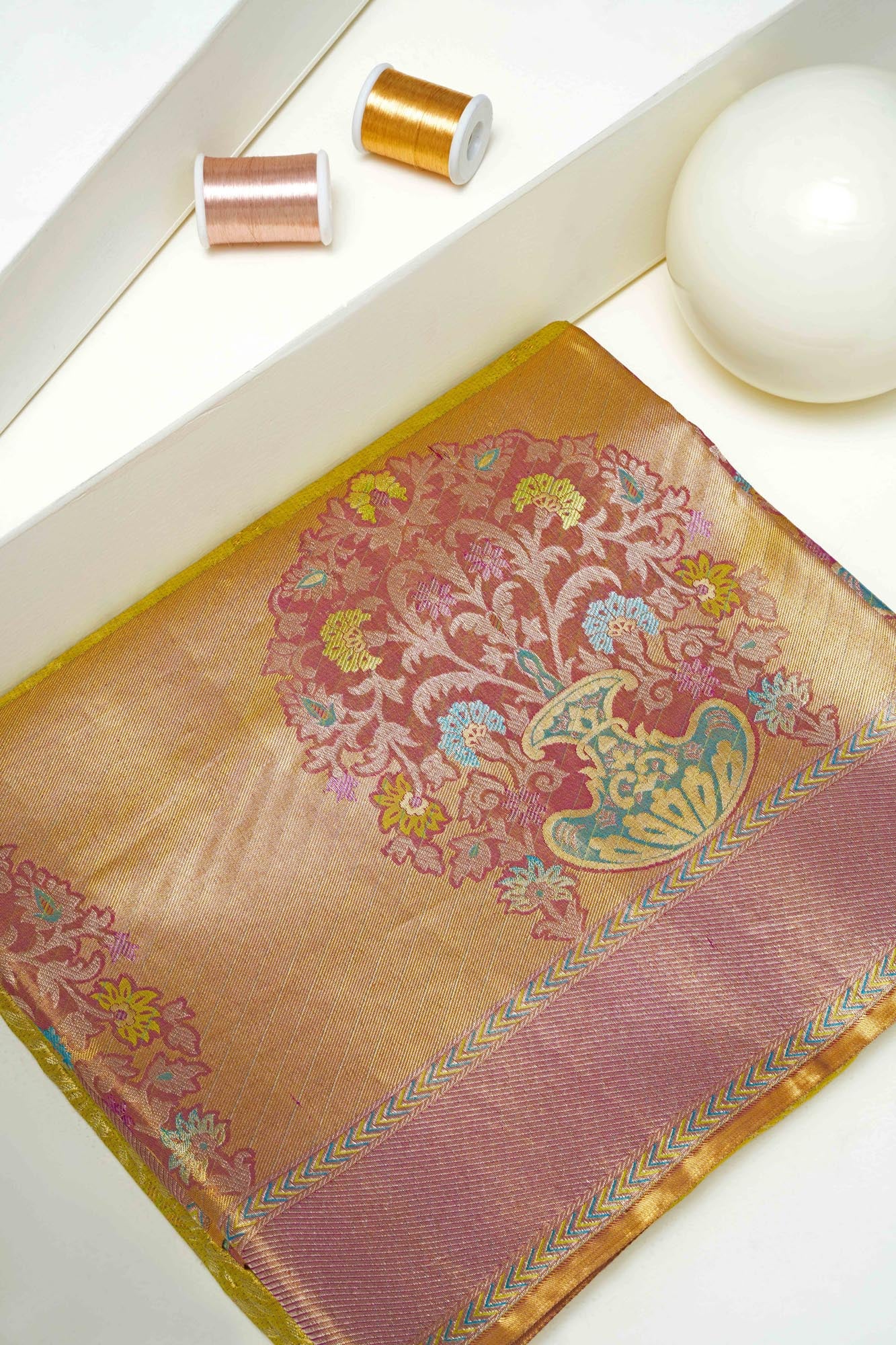 All-Over Leafy Botanical Jaal & Meenakari Floral Urn Motif Pure Tissue Silk Saree