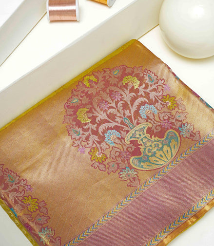 All-Over Leafy Botanical Jaal & Meenakari Floral Urn Motif Pure Tissue Silk Saree