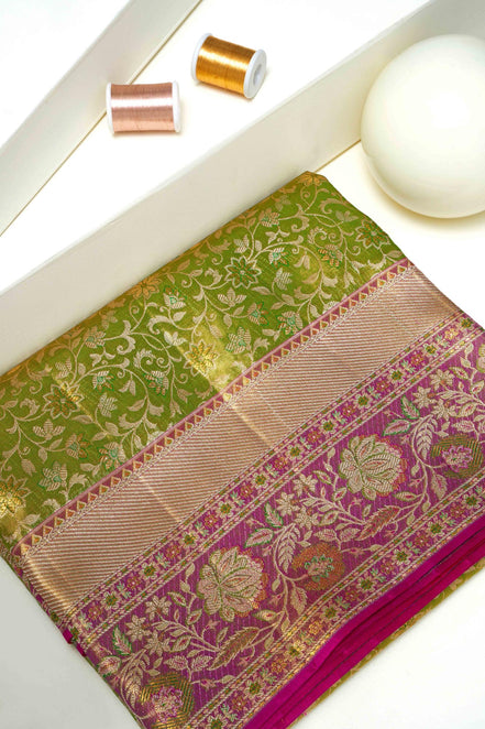 All-Over Botanical Floral Jaal & Meenakari Contrast Magenta Border Pure Tissue Silk Saree with Silver Touch (Revalue)
