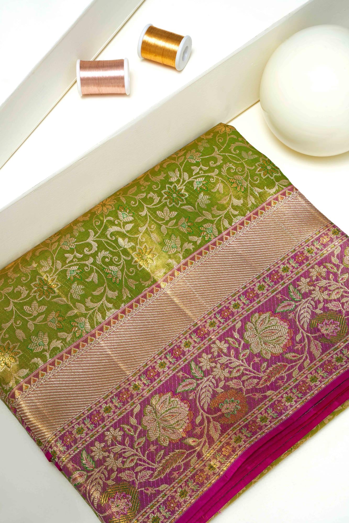 All-Over Botanical Floral Jaal & Meenakari Contrast Magenta Border Pure Tissue Silk Saree with Silver Touch (Revalue)