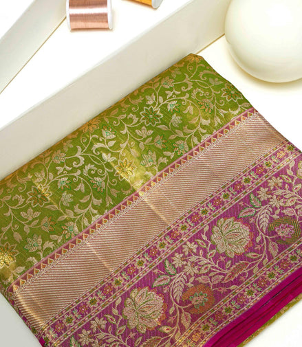 All-Over Botanical Floral Jaal & Meenakari Contrast Magenta Border Pure Tissue Silk Saree with Silver Touch (Revalue)